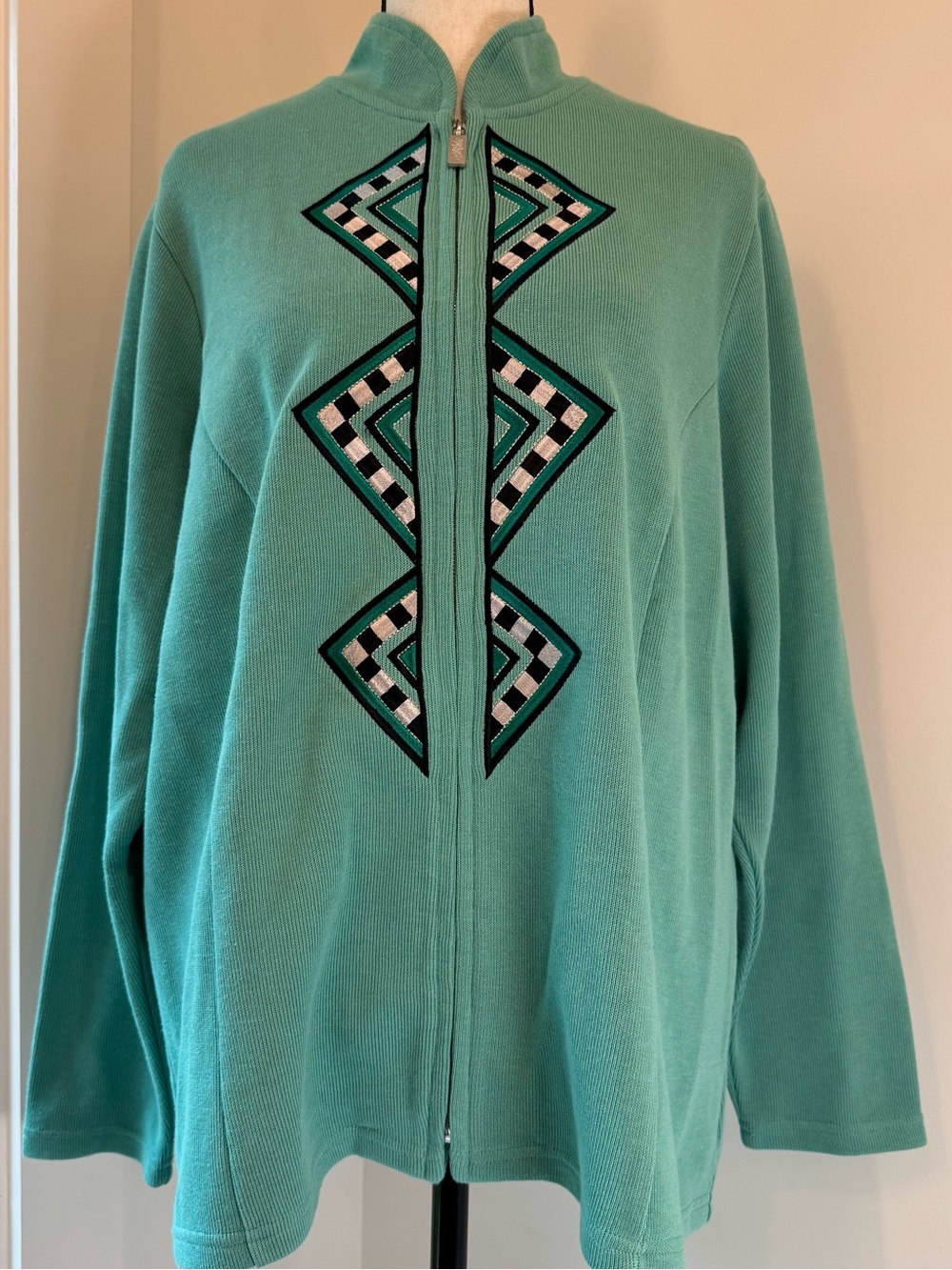 Bob Mackie Wearable Art Teal Embroidered Zip Jacket Plus 1X Geometric